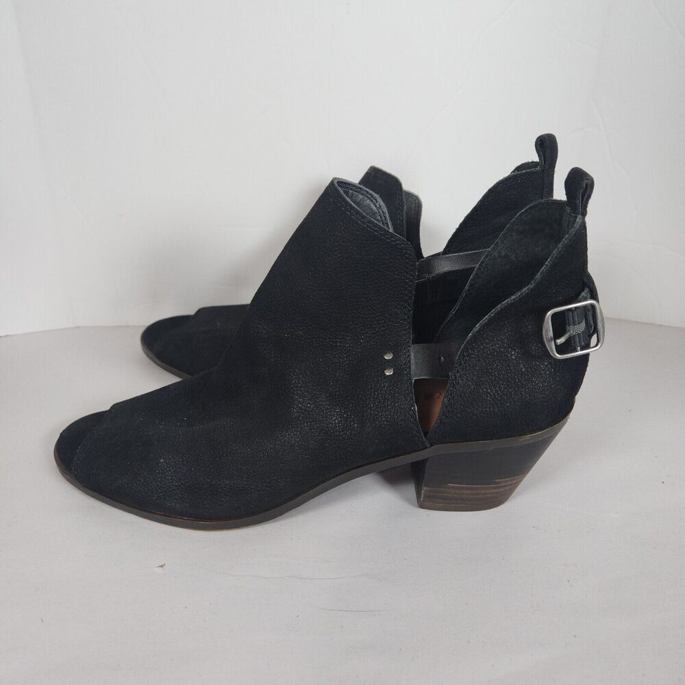 Lucky Brand  Peep Toe Booties Womens western Buckle‎ Suede Open Sides black